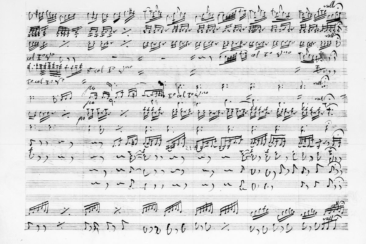 Aged cream-colored handwritten orchestral-score page filled with dense black musical notation on multiple staves, with French tempo and performance markings and the heading “Pas de deux d’action.”
