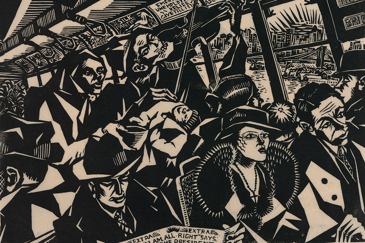 Abstract vertical painting in black and sepia, with overlapping geometric forms depicted passengers on a bus, and a fragmented instrument.