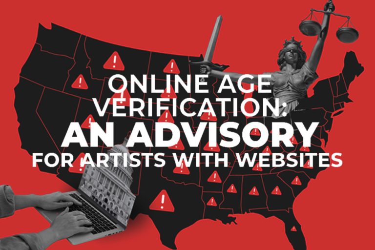 The image announces the release of "Online Age Verification: An Advisory for Artists With Websites" by the National Coalition Against Censorship (NCAC) under its Don't Delete Art initiative.