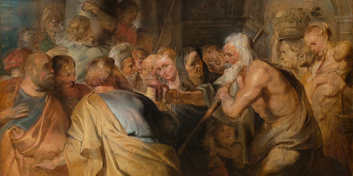 A painting depicting the ancient Greek Cynic philosopher Diogenes of Sinope, who famously roamed the marketplace of Athens in broad daylight carrying a lighted lantern, claiming he was looking for a "true" or "honest" man (and finding none).