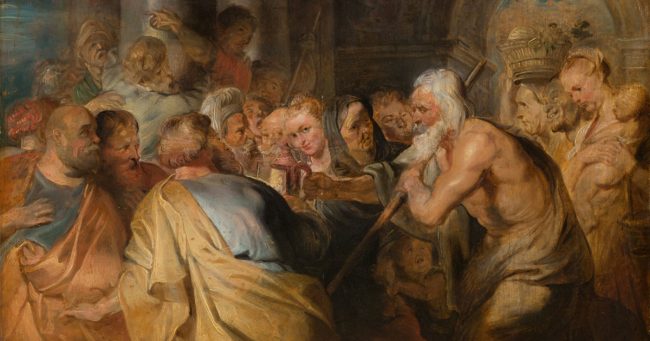 A painting depicting the ancient Greek Cynic philosopher Diogenes of Sinope, who famously roamed the marketplace of Athens in broad daylight carrying a lighted lantern, claiming he was looking for a "true" or "honest" man (and finding none).